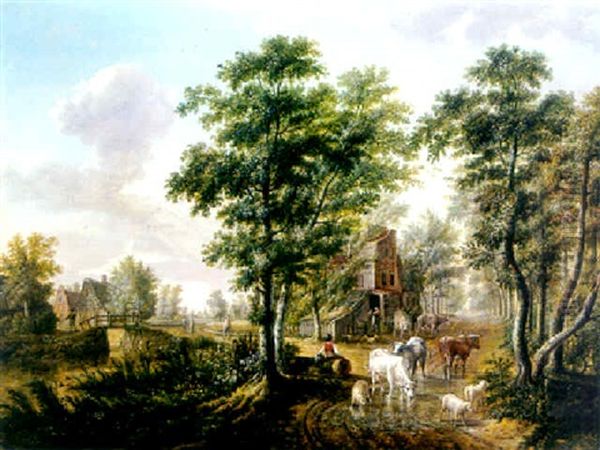 A Peasant Watering Cattle Near A Farmhouse, A Traveller Resting On A Tree Trunk Nearby, In A Wooded Landscape by Jan Van Limmen