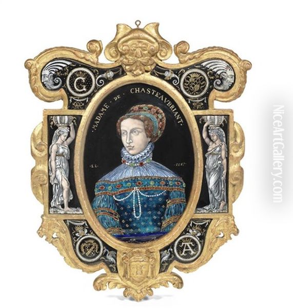 A 19th Century French Giltwood Framed Limoges Enamel Portrait Plaque Depicting Madame De Chateaubriant Oil Painting by Leonard Limosin