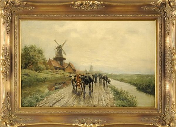 Bauer Treibt Seine Kuhherde Einen Kanal Entlang Oil Painting by Johann Heinrich Limpert