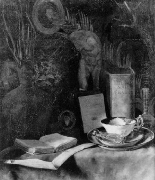 Stilleben Mit Buch, Tasse Und Medallion Oil Painting by Johann Heinrich Limpert