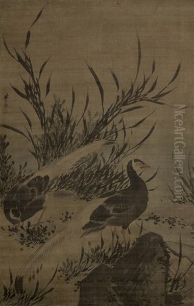 Two Silver Pheasants By Orchids Oil Painting by  Lin Liang