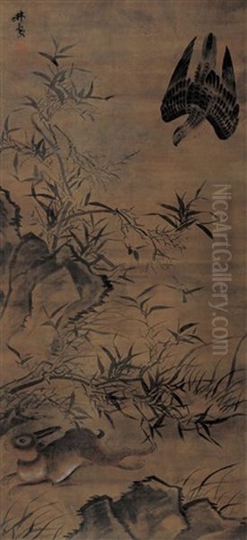 Eagle And Bamboo Oil Painting by  Lin Liang