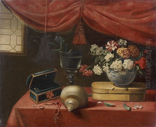 Nature Morte Au Coffret De Bijoux, Coquillage Et Vase De Fleurs Sur Un Entablement Oil Painting by Jacques Linard