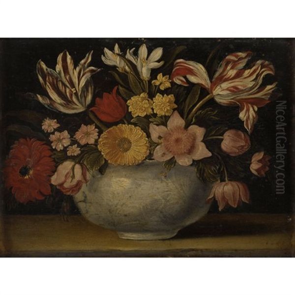 Nature Morte De Fleurs Dans Un Vase En Porcelaine Sur Un Entablement Oil Painting by Jacques Linard