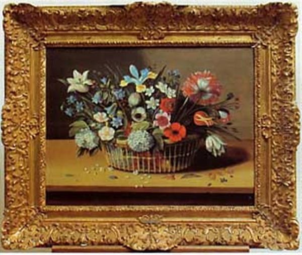 Bouquet De Fleurs Dans Un Panier Pose Sur Un Entablement Oil Painting by Jacques Linard