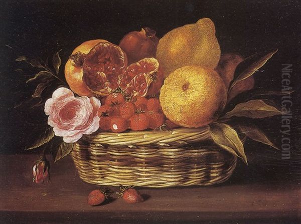 Naure-morte Aux Fraises, Citrons, Roses Et Grenades Dans Une Corbeille D'oiser Sur Un Entablement Oil Painting by Jacques Linard