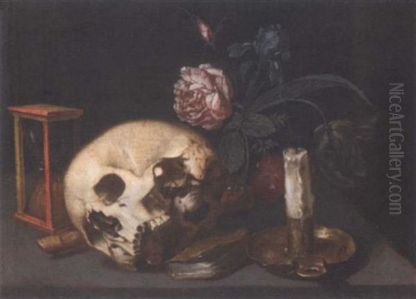 A Vanitas Still Life With A Skull, An Hourglass, A Recorder, A Candle And Candlestick And Mixed Flowers On A Table by Jacques Linard