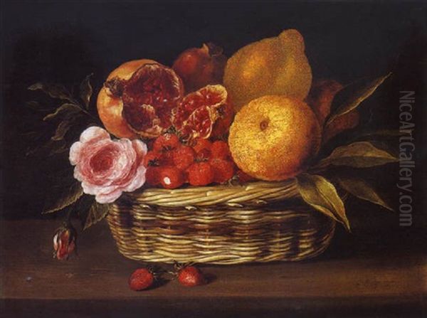 Nature Morte Aux Fraises, Citrons, Roses Et Grenades Dans Une Corbeille D'osier Sur Un Etablement Oil Painting by Jacques Linard