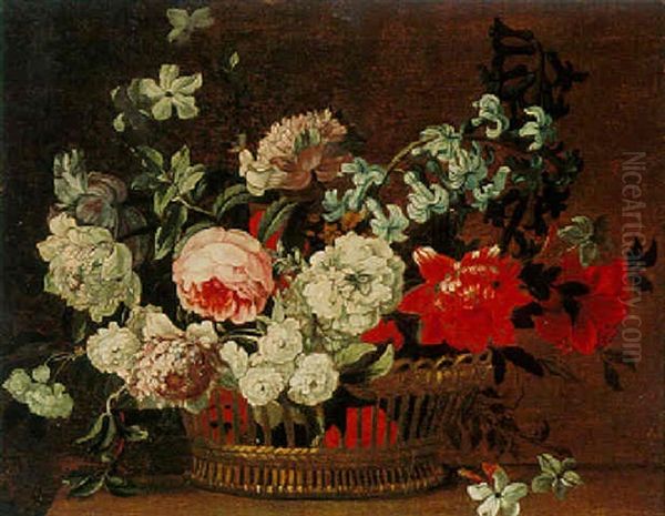 Still Life Of Roses And Other Flowers In A Basket Oil Painting by Jacques Linard