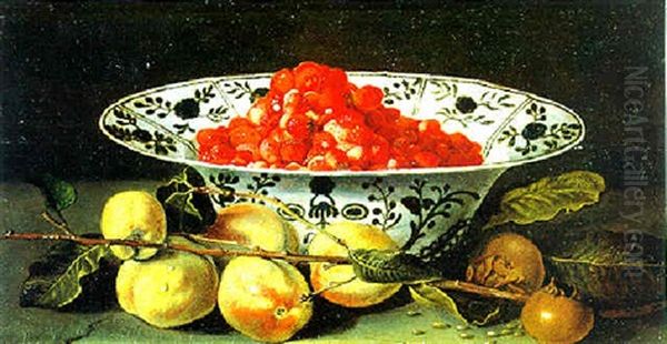 Pfirsische Und Granatapfel Mit Einer Schale Gefullt Mit Erdbeeren Oil Painting by Jacques Linard