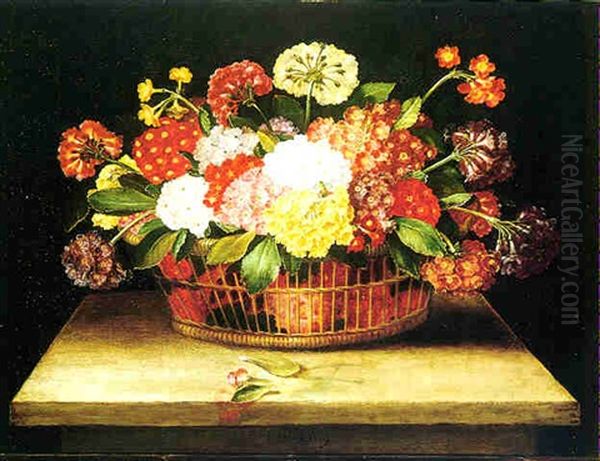 Primroses In A Wicker Basket With Two Leaves And A Petal On A Stone Table Oil Painting by Jacques Linard