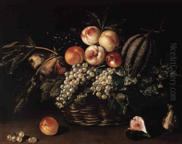 Still Life Of A Melon, Peaches, Grapes And Figs In A Basket Oil Painting by Jacques Linard