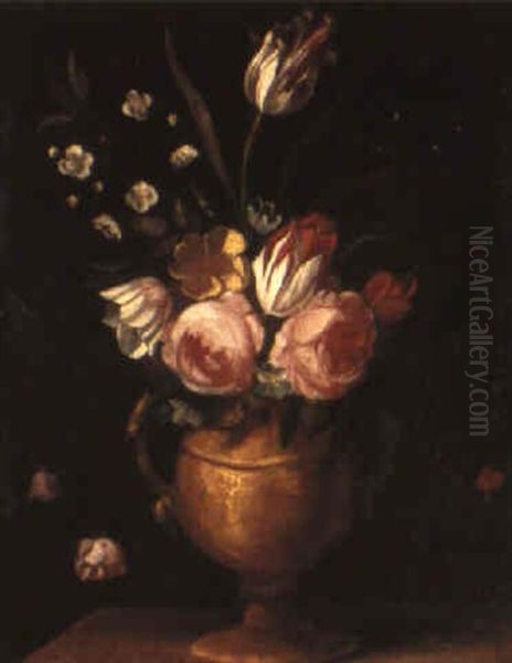 A Still Life Of Roses And Other Flowers In A Vase On A Stone Ledge Oil Painting by Jacques Linard