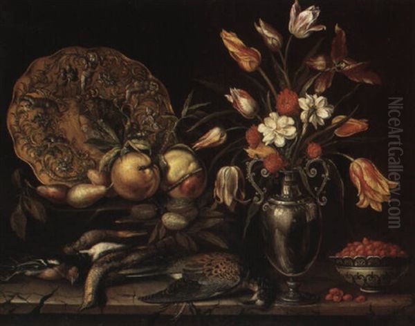 Still Life Of Flowers In A Vase, Birds, Bowl And Gold Salver On A Stone Ledge Oil Painting by Jacques Linard