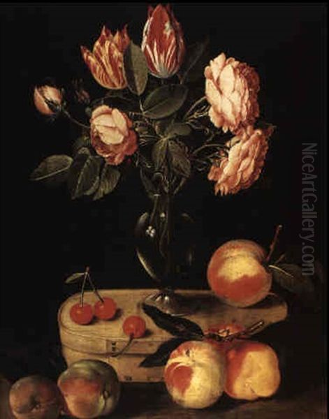 Still Life Of Peaches And Cherries With Flowers In A Vase On A Box Oil Painting by Jacques Linard