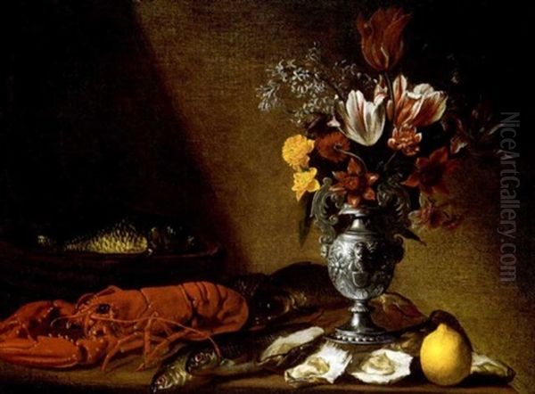 Nature Morte Aux Fleurs, Huitres, Poissons Et Homard Oil Painting by Jacques Linard