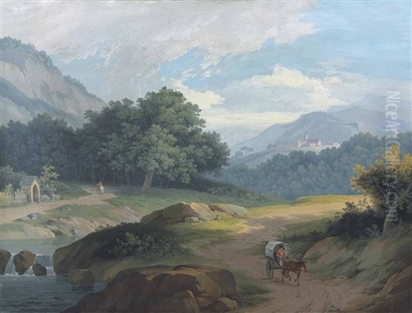 A Man In A Wagon By A River, A Church With A Monastery In The Distance Oil Painting by Jean-Antoine Linck