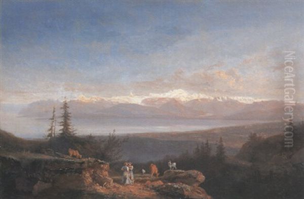 Vue Du Lac De Geneve Avec Personnages Oil Painting by Jean-Antoine Linck