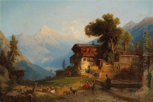 Farm In The Alps Oil Painting by Karl Ludwig Lincke