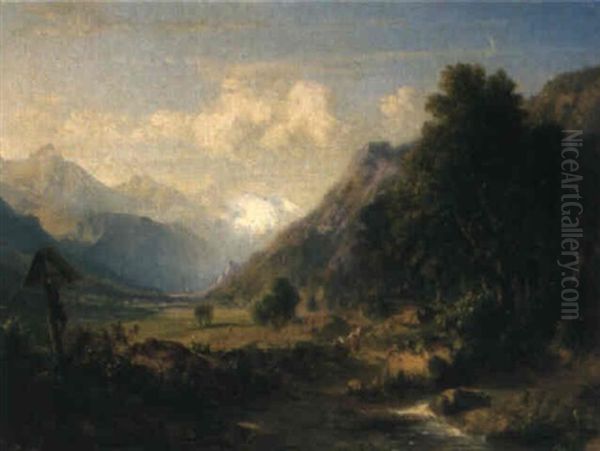 Alpenlandschaft Mit Wegkreuz Und Bauernpaar Oil Painting by Karl Ludwig Lincke