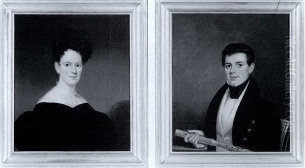 Daniel A. Prentice In Gold-buttoned Black Frock    Coat Holding A Flute & Mary P. Prentice In Black Dress Oil Painting by James Sullivan Lincoln