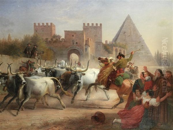 Driving Cattle Before The Porta San Paolo And Pyramid Of Cestius, Rome Oil Painting by Dietrich Wilhelm Lindau