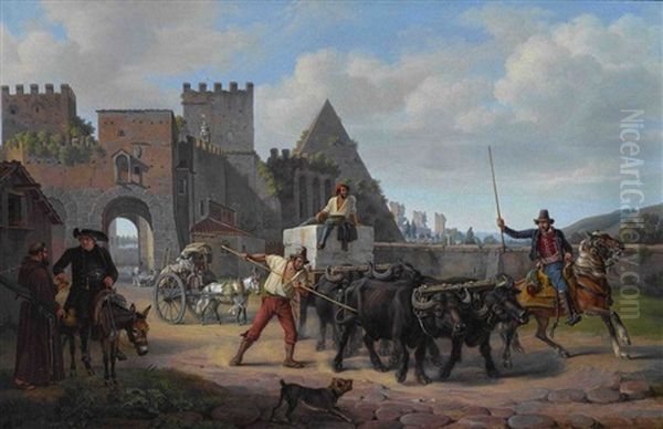 Ochsengespann Vor Der Porta San Paolo In Rom Oil Painting by Dietrich Wilhelm Lindau