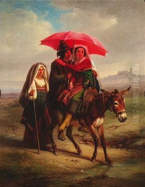 Auf Einem Esel Reitet Ein Junges Italienisches Paar Durch Eine Campagnalandschaft, Eine Alte Frau In Tracht Begleitet Sie by Dietrich Wilhelm Lindau