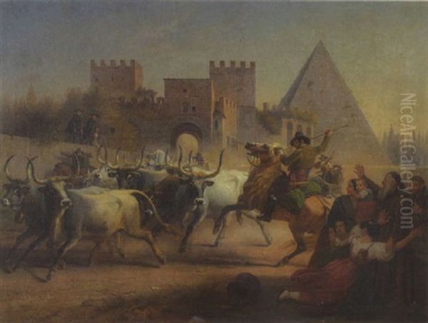 Stierherde Vor S. Paolo Und Cestius - Pyramide In Rom Oil Painting by Dietrich Wilhelm Lindau