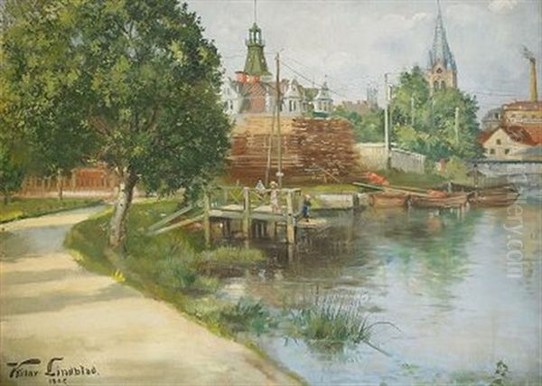 Stad Med Kyrka Och Fyr - Strandvy Oil Painting by Victor Lindblad