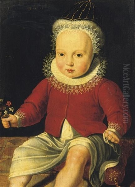 Portrait Of A Child, In A White Dress And A Red Coat, Seated On A Pillow, Holding A Bunch Of Flowers Oil Painting by Adriaen van der Linde