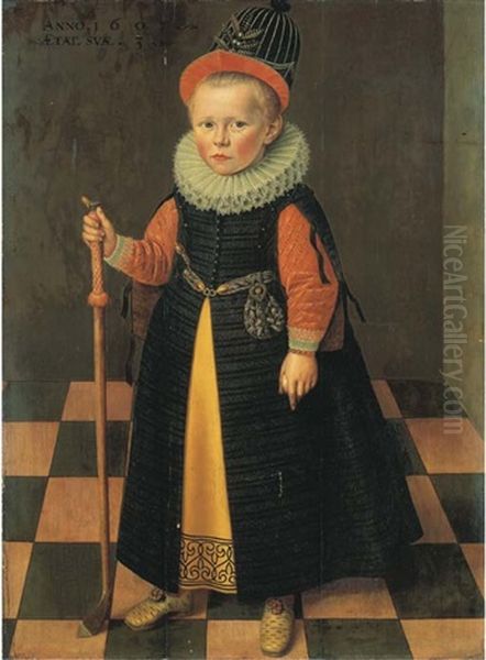 Portrait Of A Young Boy, Aged Three Years Old, Full-length, In A Yellow Petticoat, A Pink Slashed Doublet And An Embroidered Black Tunic... Oil Painting by Adriaen van der Linde