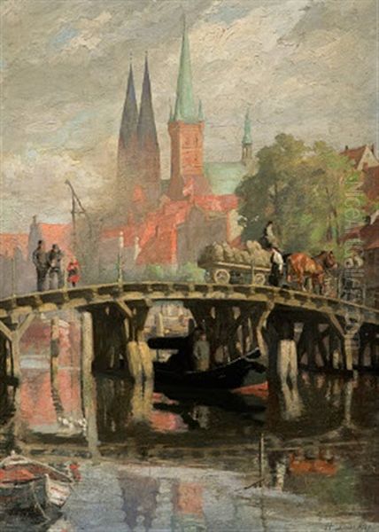 Brucke In Lubeck Oil Painting by Hermann Linde