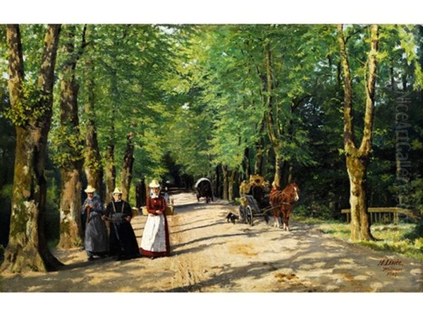 Allee Mit Fuhrwerk Und Fussgangern Oil Painting by Hermann Linde