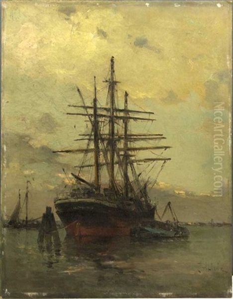 Moored Ships Oil Painting by Jan Van Der Linde