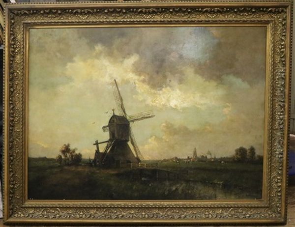 Molen In Hollands Weidelandschap Oil Painting by Jan Van Der Linde