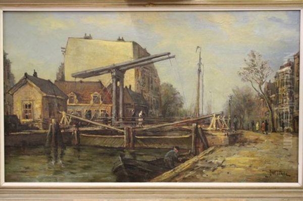 Figuren Bij Ophaalbrug Op De Overtoom Te Amsterdam Oil Painting by Jan Van Der Linde