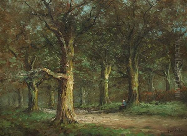 Lichtdurchfluteter Waldweg Mit Personenstaffage Oil Painting by Jan Van Der Linde