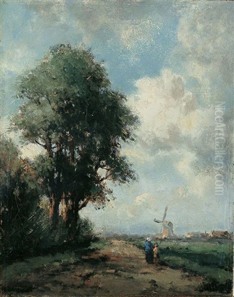 Hollandische Landschaft Mit Windmuhle Und Zwei Personen Auf Einem Weg Oil Painting by Jan Van Der Linde