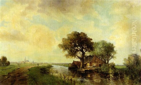 Weitlaufige Sommerlandschaft Mit Flusslauf, Gehoft, Und Standansicht Oil Painting by Jan Van Der Linde