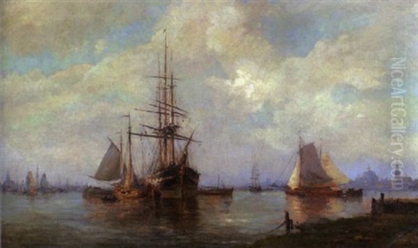 Abendstimmung Im Hafen Von Amsterdam Oil Painting by Jan Van Der Linde