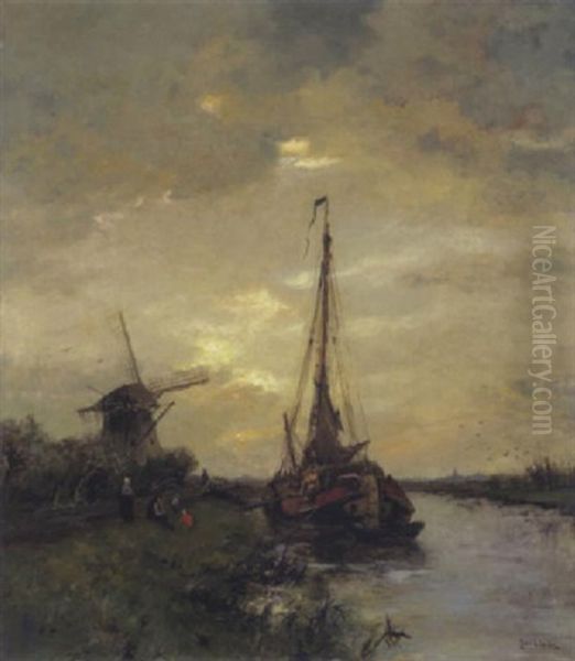 Hollandische Kanallandschaft Mit Windmuhle Oil Painting by Jan Van Der Linde