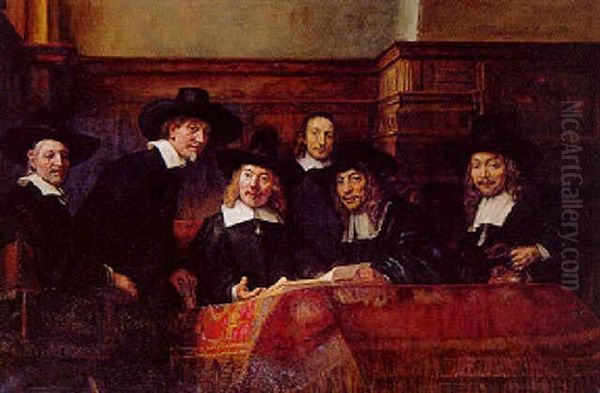 The Sampling Officials Of The Amsterdam Dragers' Guild, Known As The Staalmeesters Oil Painting by Jan Van Der Linde