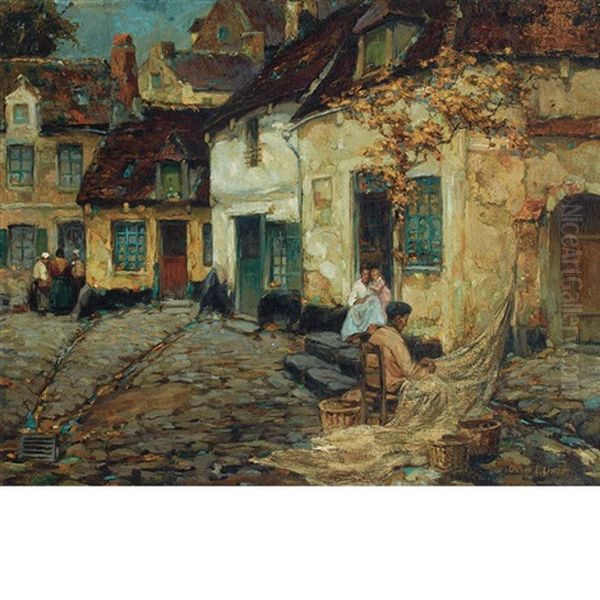 Mending The Nets Oil Painting by Ossip Leonovitch Linde