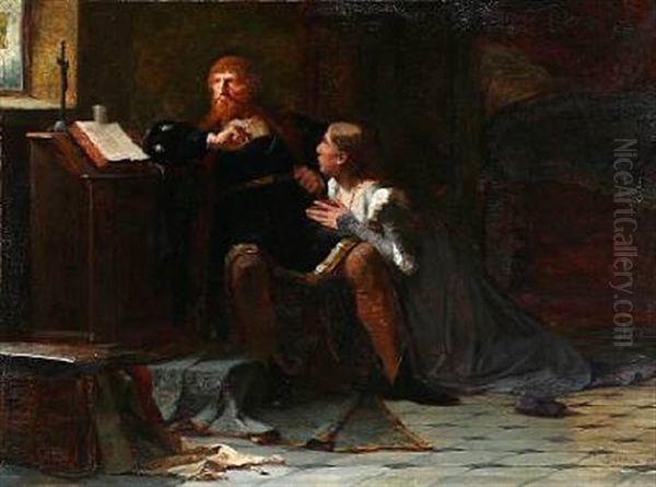 Christian Ii. Queen Elisabeth Praying Christian Ii Of Denmark For Saving The Life Of Torben Oxe Oil Painting by Hans Peter Lindeburg