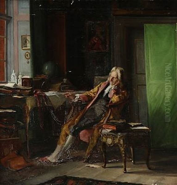 The Danish Author Ludvig Holberg At His Desk Oil Painting by Hans Peter Lindeburg