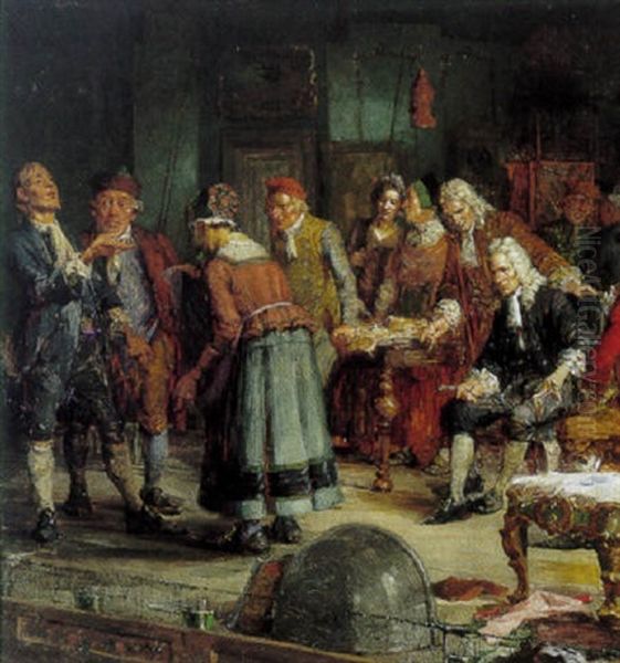 Holberg Indstuderer En Scene Fra Erasmus Montanus Pa Den Gamle Skueplads Oil Painting by Hans Peter Lindeburg