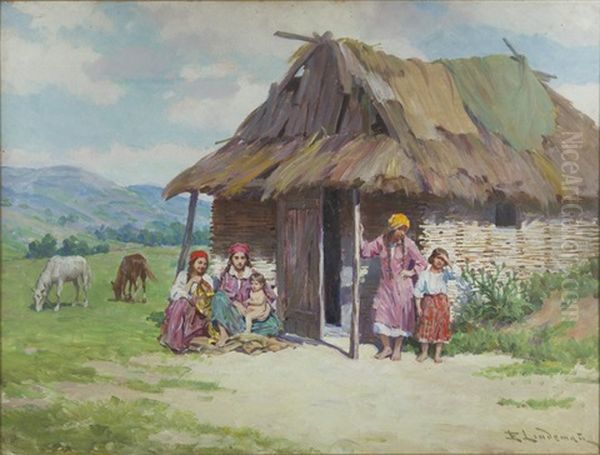 In Front Of A Hut Oil Painting by Emil Lindemann