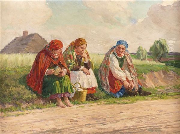 Drei Bauerinnen Bei Der Rast Oil Painting by Emil Lindemann