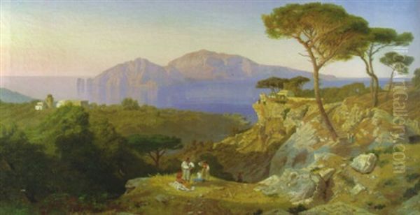 Capri - Blick Auf Capri Und Den Golf Von Neapel Von Einem Piniengesaumten Hohenweg Mit Rastenden Oil Painting by Karl August Lindemann-Frommel